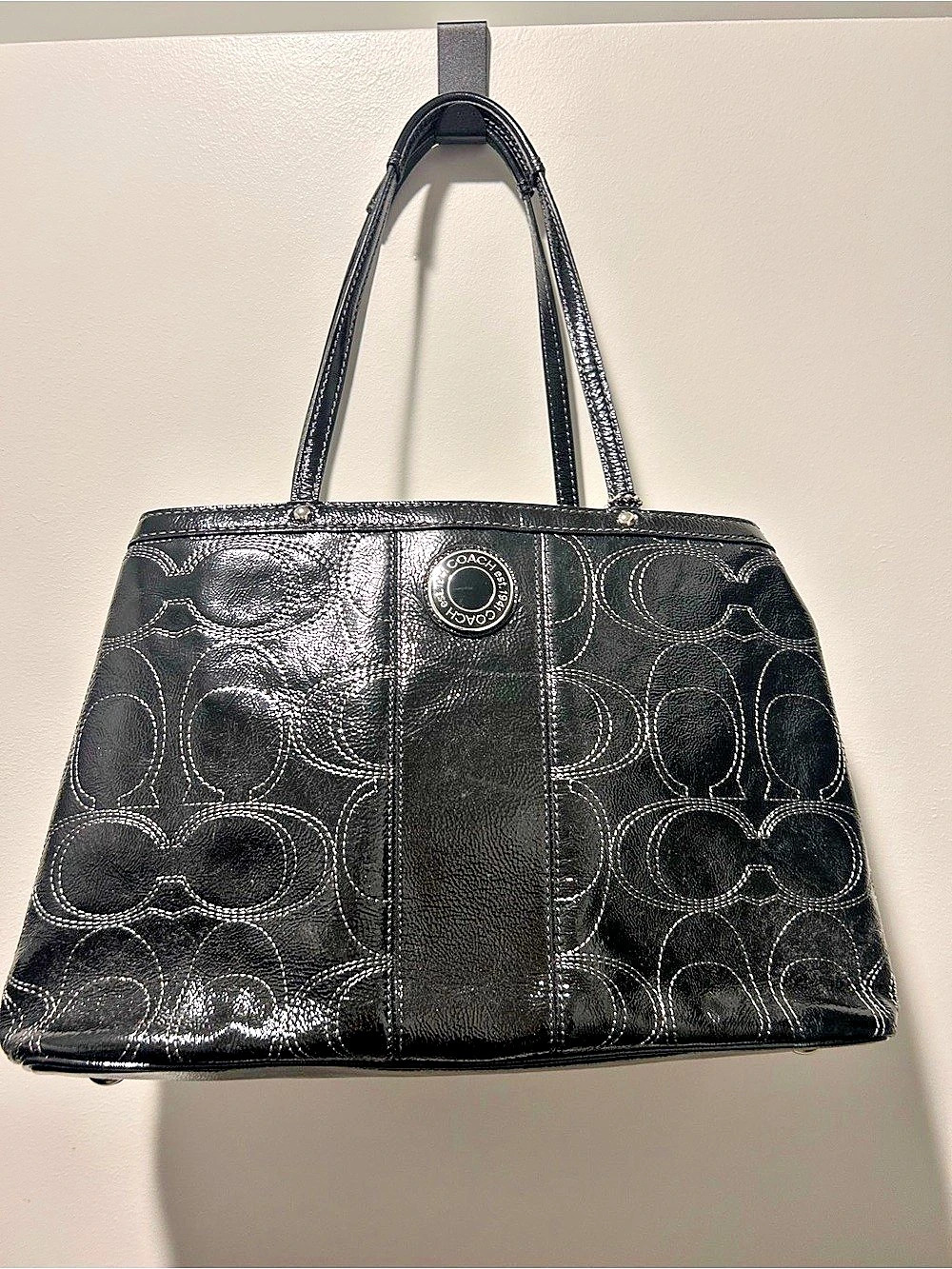 Coach Signature Stitched Patent Leather Tote Black Carry-All Tote
